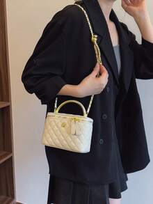 1pc Black Casual Versatile Handheld Small Square Bag, Fashionable Embroidered Checkered Fabric, Suitable For - Beige - View 5