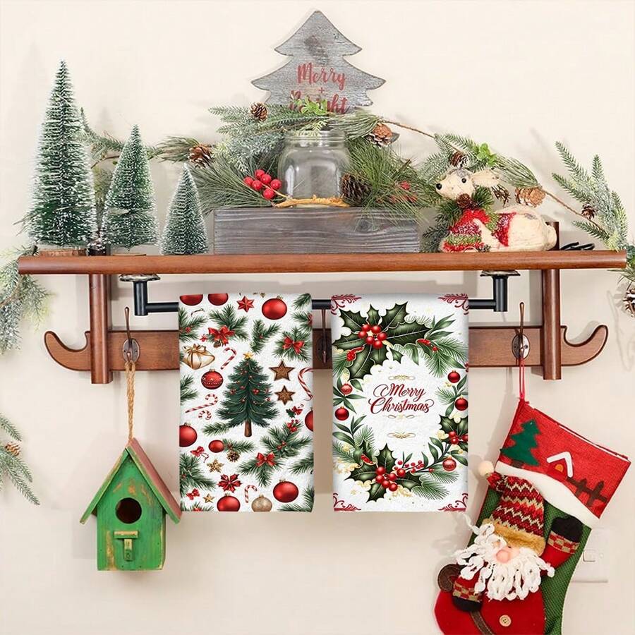 Serviettes de cuisine à motif sapin de Noël, 2/4/8 sets, très absorbantes et décoratives, conviennent pour la décoration des fêtes, la cuisine, la cuisson, les cadeaux de pendaison de crémaillère et le nettoyage, adaptées pour la cuisine, la salle de bain et la salle à manger