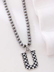 1pc Western Country Style Vintage Textured CCB Multicolor Leopard Print Black & White Plaid 26 Letter Minimalist Pendant Necklace, Sweater Chain