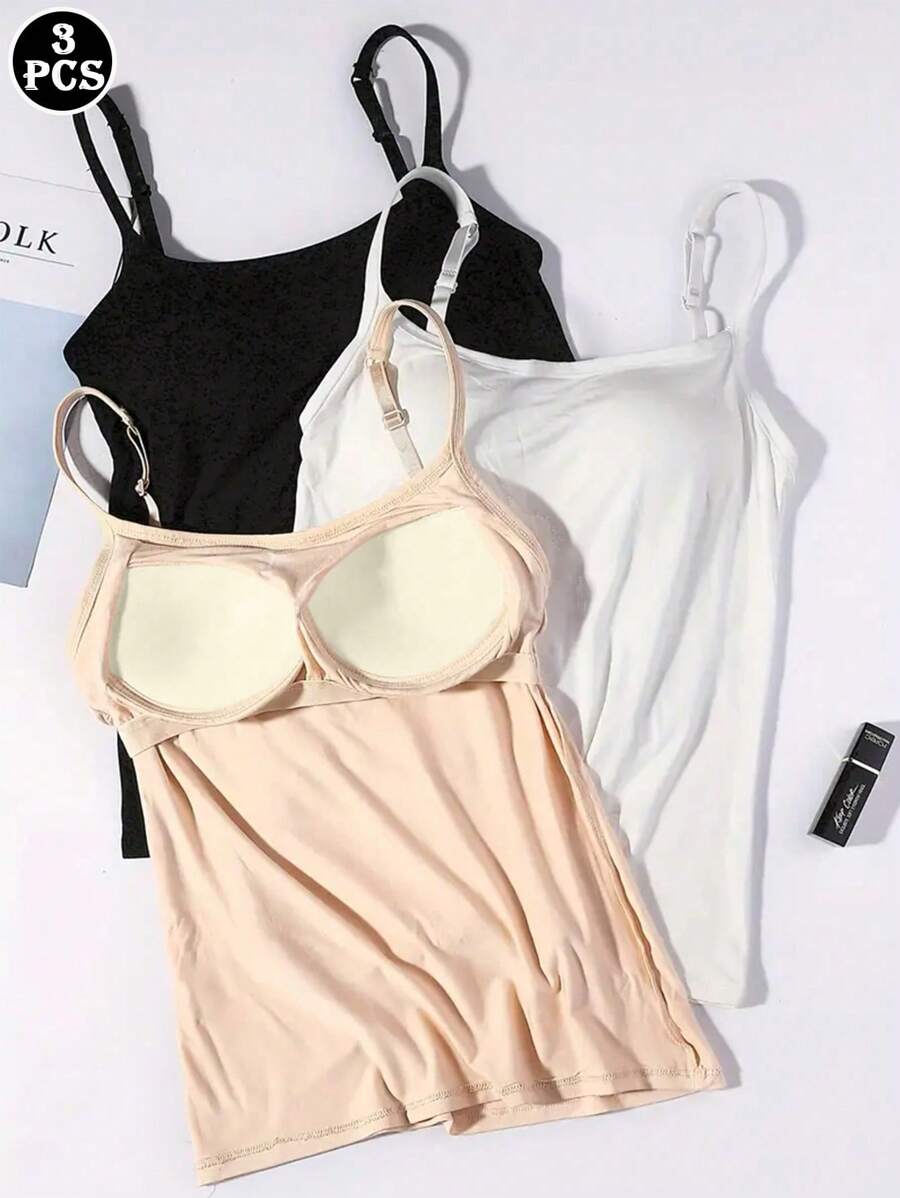 3pcs/Set Women's Basic Camisole With Chest Pads, Workout