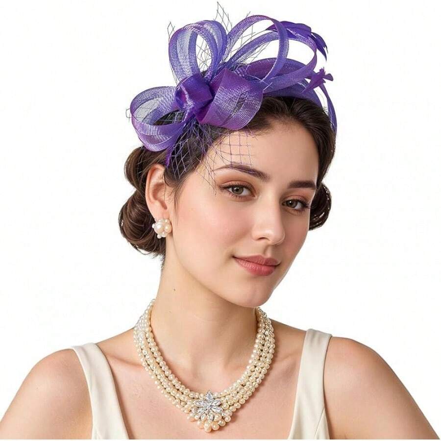 Fascinators Hats Women,Tea Party Fascinator Hair Clip With Feathers Wedding,Derby Hats Headbands - Ha9461-紫色 - 查看 1