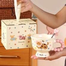 Süße Bär & Katze Design Keramik Tasse mit Löffel, Paar Kaffeetasse, Geburtstagsgeschenk für sie, Büro Kaffeetasse, Punkte Keramik Kaffeetasse - Süß minimalistisch hochästhetische Tasse mit sanften Kurven & glänzender Oberfläche, mit mehrfarbigen Punkten (Pink, Gelb, Braun) - langanhaltend wärmeisolierendes Design für Zuhause, Büro oder als Geschenk - Ideal für Kaffee, Tee - Verschiedenfarbig - Übersicht 3