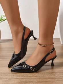 黑色漆皮高跟鞋，金属搭扣，尖头，夜店风格 - 黑色 - 查看 4