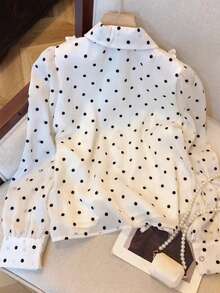 Blusa elegante francesa con lunares y lazo, camisa de gasa con cuello polo, botones de strass y estampado de lunares en todo el diseño, efecto estilizante