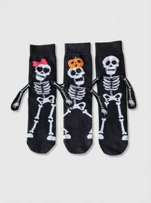 1/3 双骷髅牵手袜，磁吸白色袜子，可爱自动粘脚中筒袜，情侣款，春秋季 - 彩色 - 查看 1