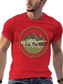 S~5XL Classic  Cotton Tee | Unisex American Size | 180gsm Fabric | Men's Vintage Military Sniper Graphic T-Shirt Funny Long Range Shooting Design Casual Wear Gift For Gun Enthusiasts Print | Beach & Casual Wear - 紅色 - 查看 5