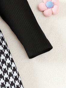 女婴法式优雅套装（2件套）：黑白千鸟格连衣裙+黑色荷叶边袖上衣+发带，0-5岁针织条纹连衣裙，日常穿着及拍照服装，2025春秋新款 - 黑色 - 查看 7