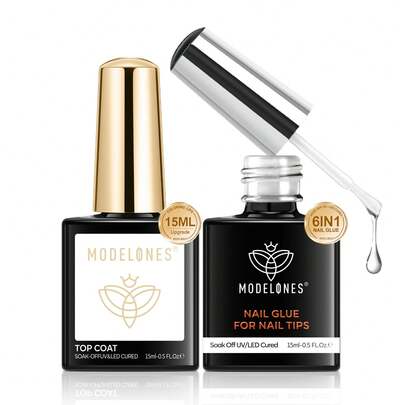  Modelones Gel Nail Glue 9 In One Base Gel And No Wipe Top Coat Set 2Pcs For Gel Nail Polish Adhesive Nail Extension Gel Rhinestone Glue Nail Art LED Need 15ml