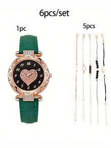 6 bucăți ceasuri rotunde cu cuarț - curea elegantă din piele PU, indicator din aliaj de zinc, cadran din aliaj de zinc și brățară bijuterii pentru femei