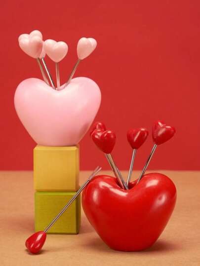 Joivida 5 Stück Edelstahl Herz-förmige Obstgabel und 1 Stück Herz-förmiger Halter, Obstgabel, Dessertgabel, Salatgabel, Lebensmittelspieß, perfektes Valentinstags-Geschenk für Paare, Familie, romantische Atmosphäre, Stil, Schulmaterial, Neujahr, Weihnachtsgeschenk, Partynutzung, Familienessen, Studentenwohnheim Grundausstattung