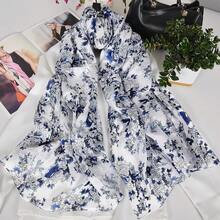 100% Mulberry Silk Scarf For Women Lightweight Long Scarves Beach Wraps Cover Up -Travel Photography Scarfhalloween - 藍白 - 查看 8