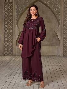 New Women's 2 Pieces ABAYAS Set, Muslim Long Sleeve Top And High Waist Wide Leg Pants, Elegant Solid Color V-Neck Pullover, Rainbow Crystal Pattern, Casual Outfit For Outdoor And Work, Suitable For All Seasons