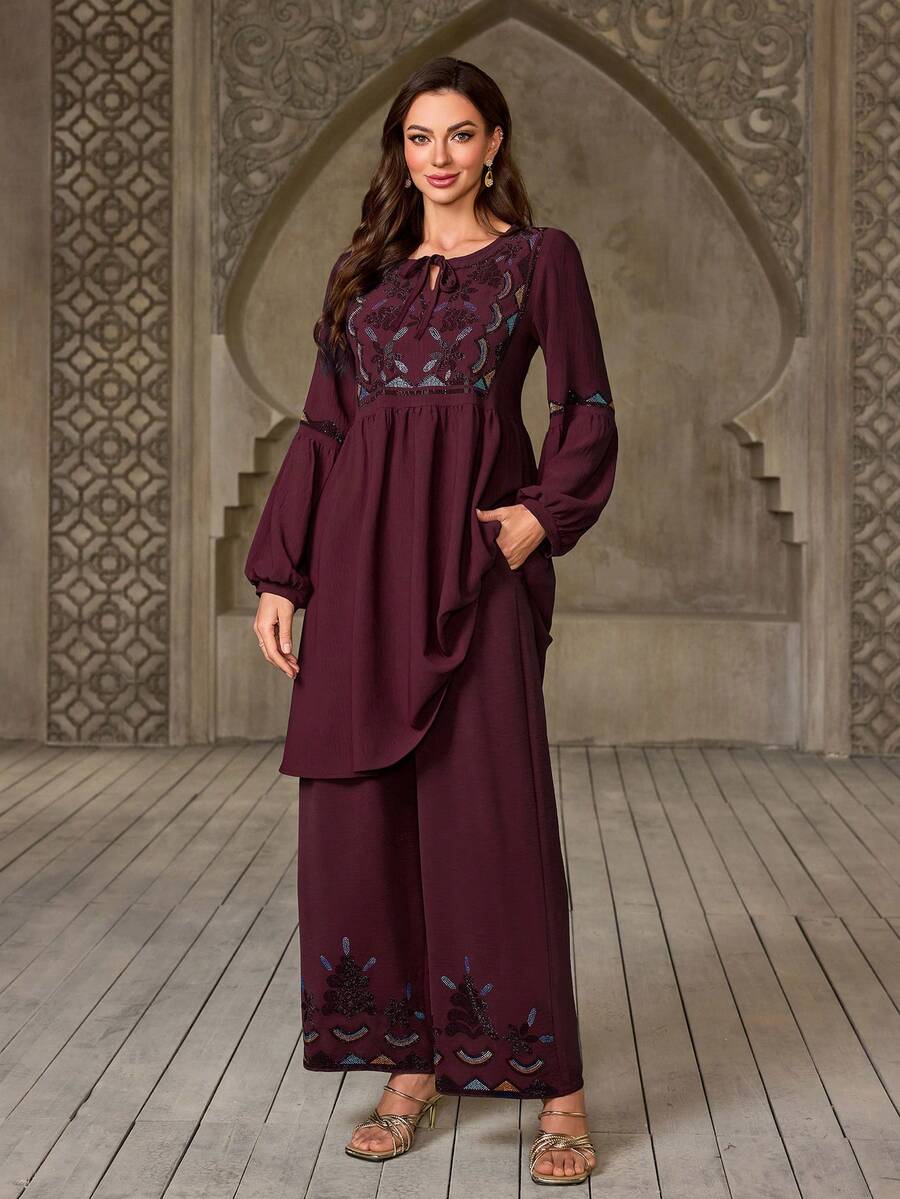 New Women's 2 Pieces ABAYAS Set, Muslim Long Sleeve Top And High Waist Wide Leg Pants, Elegant Solid Color V-Neck Pullover, Rainbow Crystal Pattern, Casual Outfit For Outdoor And Work, Suitable For All Seasons