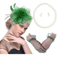Ibeauti Fascinator Hats With Screentouch Lace Gloves Set Women Tea Party Cocktail Wedding Derby Headwear Short Gloves - 02 綠色 - 查看 1