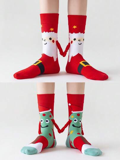 1/2 Pair Magnetic Couple Socks, Cute Stick-Together Automatic Foot Holding Socks, Christmas Theme, Suitable For Spring And Autumn, Fall