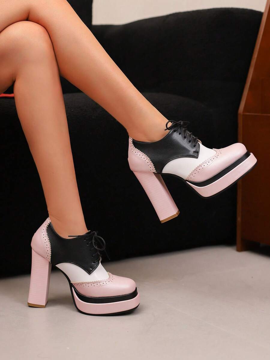 Women's Square Toe Lace-Up Brogue Pumps Fashion Block Chunky High Heels Mixed Colors Patchwork British Style Pumps Woman Oxford Shoes - 粉色 - 查看 1