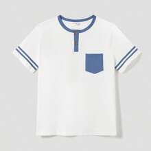 PatPat Family Matching Button Tee And Shirred Spliced Tiered Mesh A-Line Dress - Màu xanh khói trung bình - Xem 3
