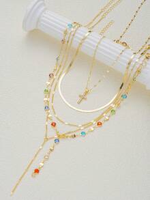 (随机水晶数量) 5 件简约水晶奢华十字架多层项链套装，Y 形链长项链，女士毛衣链，适合休闲、派对、婚礼、送给朋友、爱人、暑假的礼物 - 彩色 - 查看 4
