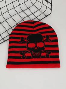 1pc Women's Jacquard Striped Skull Pattern Knit Beanie Hat, Warm & Casual For Halloween Party