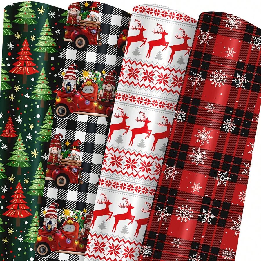 1 张节日圣诞包装纸 - 节日礼品包装纸，带有雪花、鹿和节日图案，白色、黑色、红色、绿色 - 19.7 英寸 X 27.5 英寸纸张，适用于圣诞节、生日、派对和婴儿洗礼装饰、圣诞装饰，最适合圣诞节