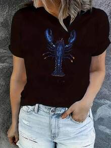 Creative Lobster Pattern Print Women's Fashion  Short Sleeve, Simple Casual Sports T-Shirt, Comfortable Summer Top For Holidays - 黑色 - 查看 1