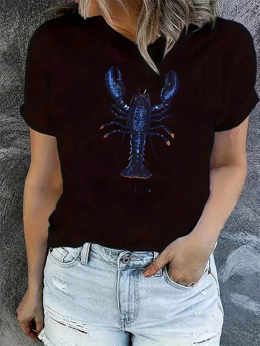 Creative Lobster Pattern Print Women's Fashion Short Sleeve, Simple Casual Sports T-Shirt, Comfortable Summer Top For Holidays - 黑色 - 查看 1