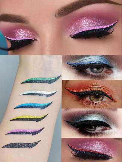 4对可重复使用的金色和黑色细眼线贴纸，易于粘贴和卸除，适用于化妆、装饰、梳妆台、旅行、卧室、化妆配件，价格实惠，是圣诞礼物、化妆品、化妆工具、礼品、女士礼物、圣诞礼物、赠品、旅行、廉价好物、旅行必备品。