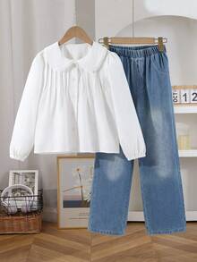Tween Girls Casual Comfortable Elegant White Ruffle Collar Pleated Shirt And Light Blue Straight Leg Jeans Pants Autumn/Winter Set