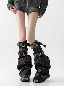 polve Punk X Military Cool Cross Design Gal Style Black Denim Silhouette Compensating Strap Subculture Style Flare Leg Warmers - 軍綠色 - 查看 3