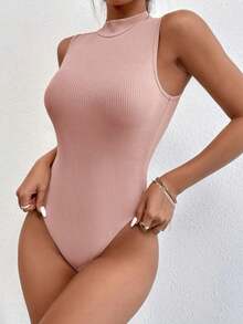 Kit body regata manga curta 3 peças gola alta cores neutras lindo basico moda verão chique promoção conjunto 3 peças body canelado curto praia e piscina 2025 - marrom/rosa/rosa/azul - Visão 3
