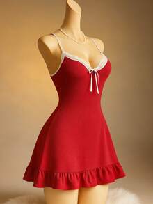 SOFUSEN Women Chemise Modal Sleepwear V-Neck Full Slip Lace Lingerie Sexy Nightgowns Nightgown, Nighty For Women Sexy , Super Soft Comfortable Modal Sleepwear With Decent Floral Lace Detail, No Worries Scratch The Skin You Will Fall In Love With The Smooth Feeling. - 紅色 - 查看 2