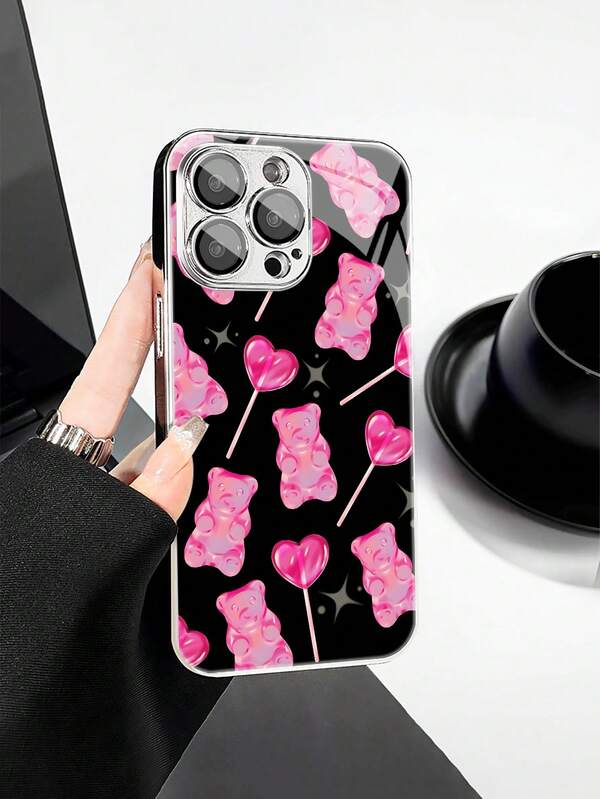 1pc Fashionable Teddy Bear Gummy Candy Pattern Tempered Glass Material With Lens Film, Electroplated Anti-Fall Scratch-Resistant Anti-Fingerprint TPU Full Edge Soft Phone Case Compatible With Apple Models