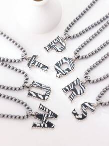 1pc Western Country Style Vintage Textured CCB Multicolor Leopard Print Black & White Plaid 26 Letter Minimalist Pendant Necklace, Sweater Chain