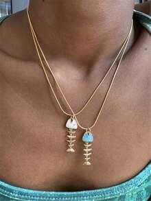 Dây chuyền mặt xương cá sọc thép không gỉ nhiều màu, dây chuyền hạt thủ công nhiều mặt, phụ kiện đa năng cho kỳ nghỉ và quà tặng - vòng cổ - Xem 5