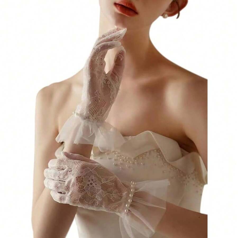 Local Shipping 2025 New  Short Lace Mesh Gloves Tulle Border With Pearls Wedding Opera Tea Party Gloves For Women Formal - Ivory - View 1
