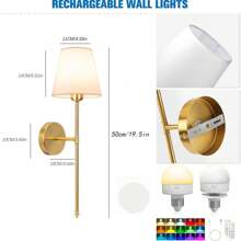2 Juegos de apliques de pared con batería, 2 piezas, lámparas de pared recargables doradas con bombillas desmontables con imán y control remoto, 12 colores RGB y 3 temperaturas de color, luces de pared inalámbricas regulables para dormitorio