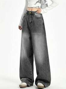 女式 Y2K 高腰阔腿牛仔裤 - 灰色棉混纺基本款百搭修身休闲裤，适合秋冬日常穿着 - 灰色 - 查看 5