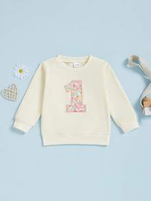 Sudadera de cumpleaños para bebé niña, moderna, de manga larga, con estampado floral y letras, cuello redondo. - Blanco - Ver 1