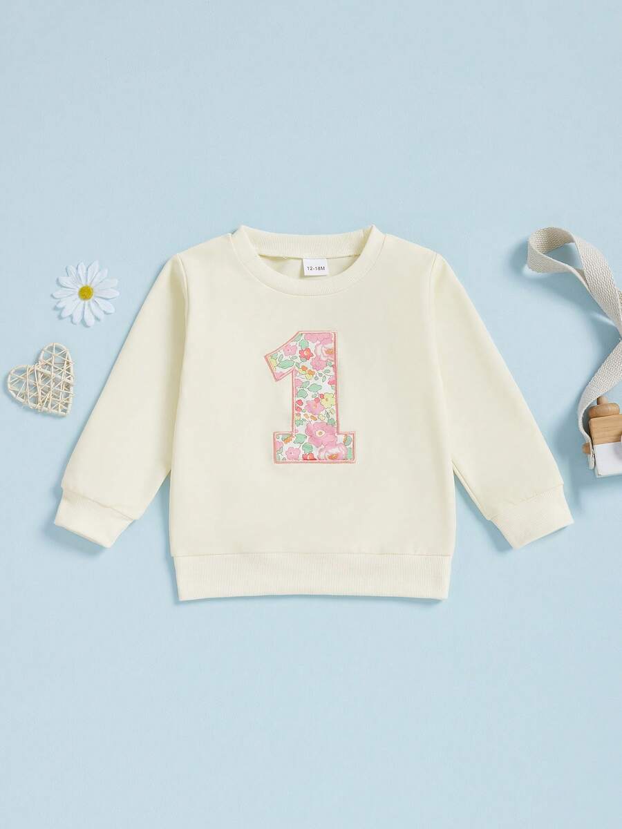 Sudadera de cumpleaños para bebé niña, moderna, de manga larga, con estampado floral y letras, cuello redondo. - Blanco - Ver 1