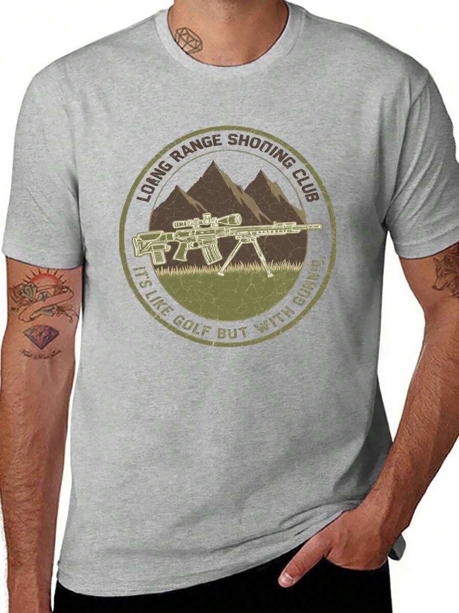 S~5XL Classic Cotton Tee | Unisex American Size | 180gsm Fabric | Men's Vintage Military Sniper Graphic T-Shirt Funny Long Range Shooting Design Casual Wear Gift For Gun Enthusiasts Print | Beach & Casual Wear - 灰色 - 查看 1