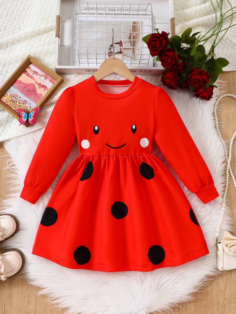 4-7 Years Old Girls Cute Expression Print Long Sleeve Round Neck Waisted Dress - Red - View 1