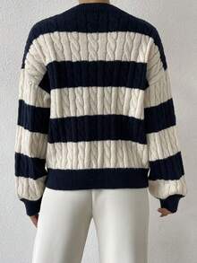 Women's Fall Two-Tone Cable Knit Drop Shoulder Long-Sleeve Sweater Top Clothing - Multicolor - View 3