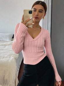 Fashionable & Elegant Women's V-Neck Long Sleeve Fitted Sweater With Cable Pattern