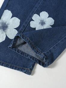 Girls' Casual Floral Print Washed Straight Leg Jeans, Dark Blue, Autumn/Winter New Arrival - Dark Wash - View 6