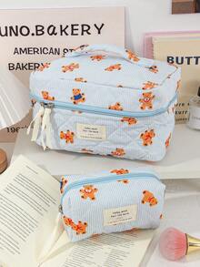1 Pc/Set Cute Strip Print Cosmetics Storage Bag Foam Quilted Make Up Bag Cartoon Bear Pattern Travel Toiletry Bag Cute Blue Cosmetics Storage Bag Large Capacity Makeup Pouch Multi-Functional Items Organizer Bag Handheld Make Up Bag Zippered Pencil Case Jewelry Organizer Bag, Lip Oil Organizer Bag, Nail Polish Organizer Bag Sanitary Towel Storage Bag For Girl Birthday Gift Back To School Gift Girlfriend Gift - Blue - View 4