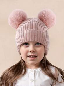 1 chiếc mũ len beanie trẻ em mùa đông, màu trơn, đan len, 2 quả bông, mũ len cho bé unisex, mũ trùm đầu dày ấm mặc hàng ngày - 1PC - Xem 6