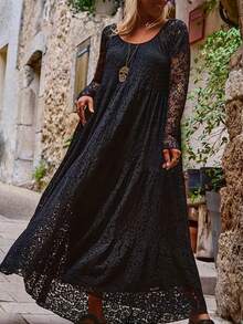 Vestido largo elegante de hombros descubiertos para mujer talla grande - Adecuado para ocasiones formales y casuales, tela de poliéster no elástica lavable a máquina, fluido para fiestas, bodas, uso diario, moda de verano, detalles de encaje, encaje exquisito, vestido de moda, fashionista - Negro - Ver 6