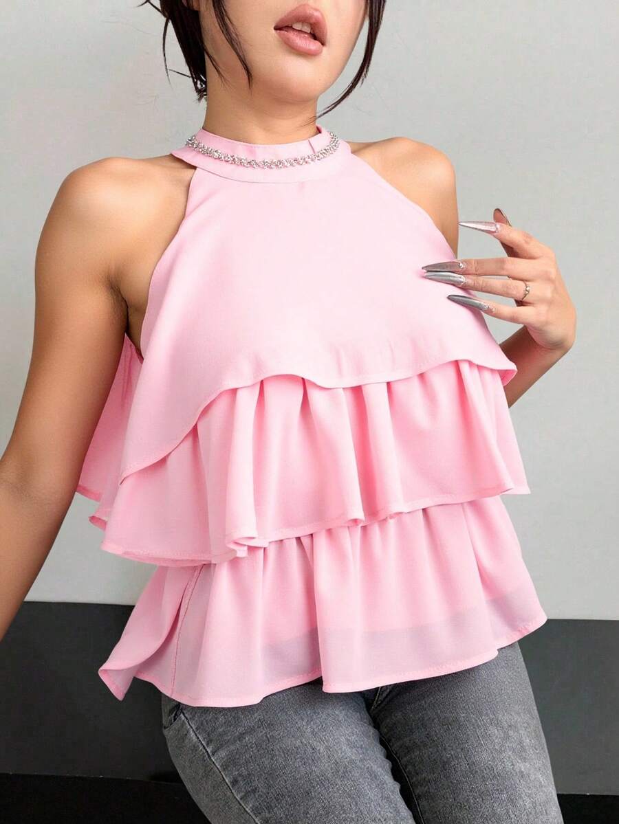 BLUSA DE MUJER CON HOMBROS ABIERTOS, CUELLO EN V Y UNICOLOR CON TIRANTES, TOP CORTO PARA MUJER - Rosa coral - Ver 1