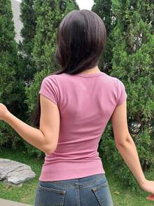 Playera camiseta dama mujer casual manga corta cuello redondo estampado cerezas cherry letras acanalado moderna juvenil diario y2k comoda fresca ligera - Rosa - Ver 2