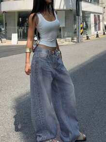 Vintage Washed Blue-Gray Straight Leg Jeans, American Design Loose Casual Wide Leg Dragging Pants For Women Chic Winter Christmas New Year Thanksgiving